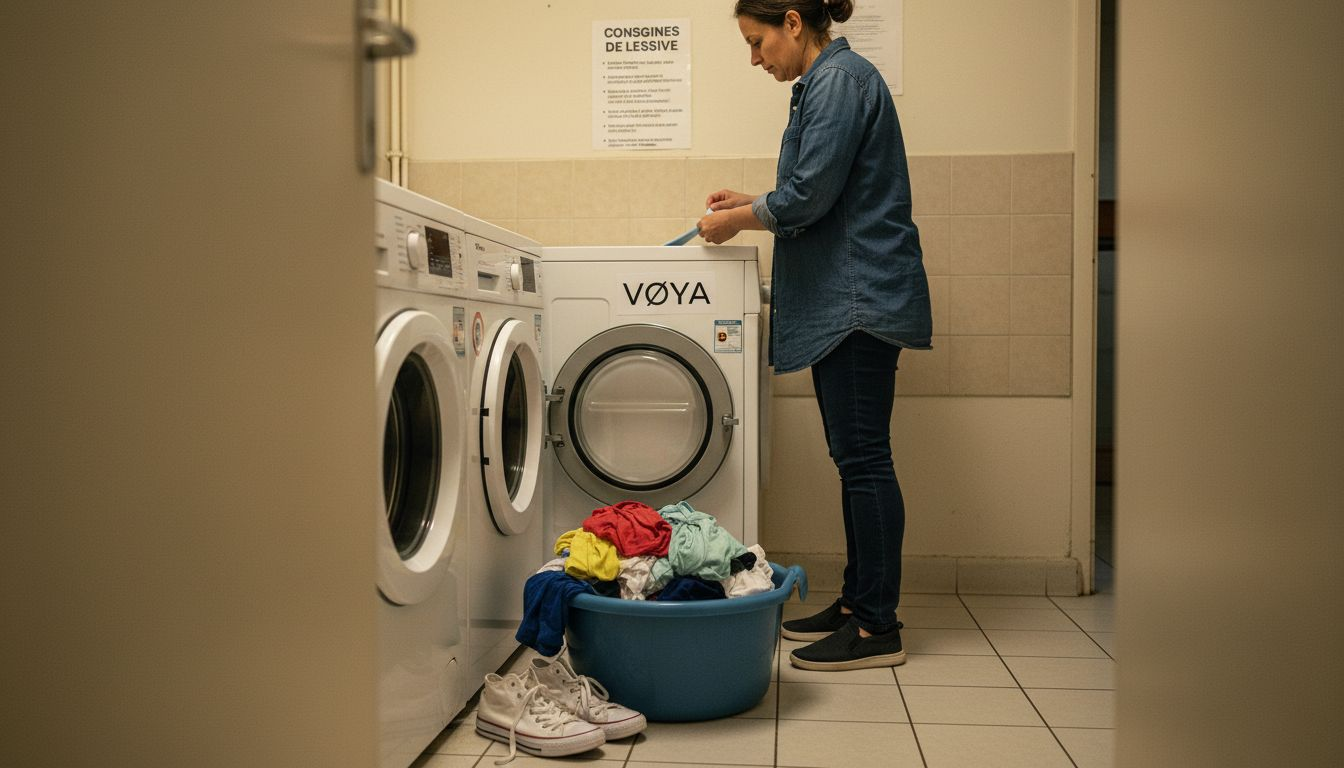 Une femme glisse une feuille de lessive dans sa machine à laver, au cœur de la buanderie.