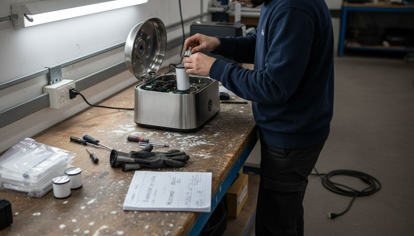 Un technicien intervient pour réparer une fontaine à eau connectée pour animaux.