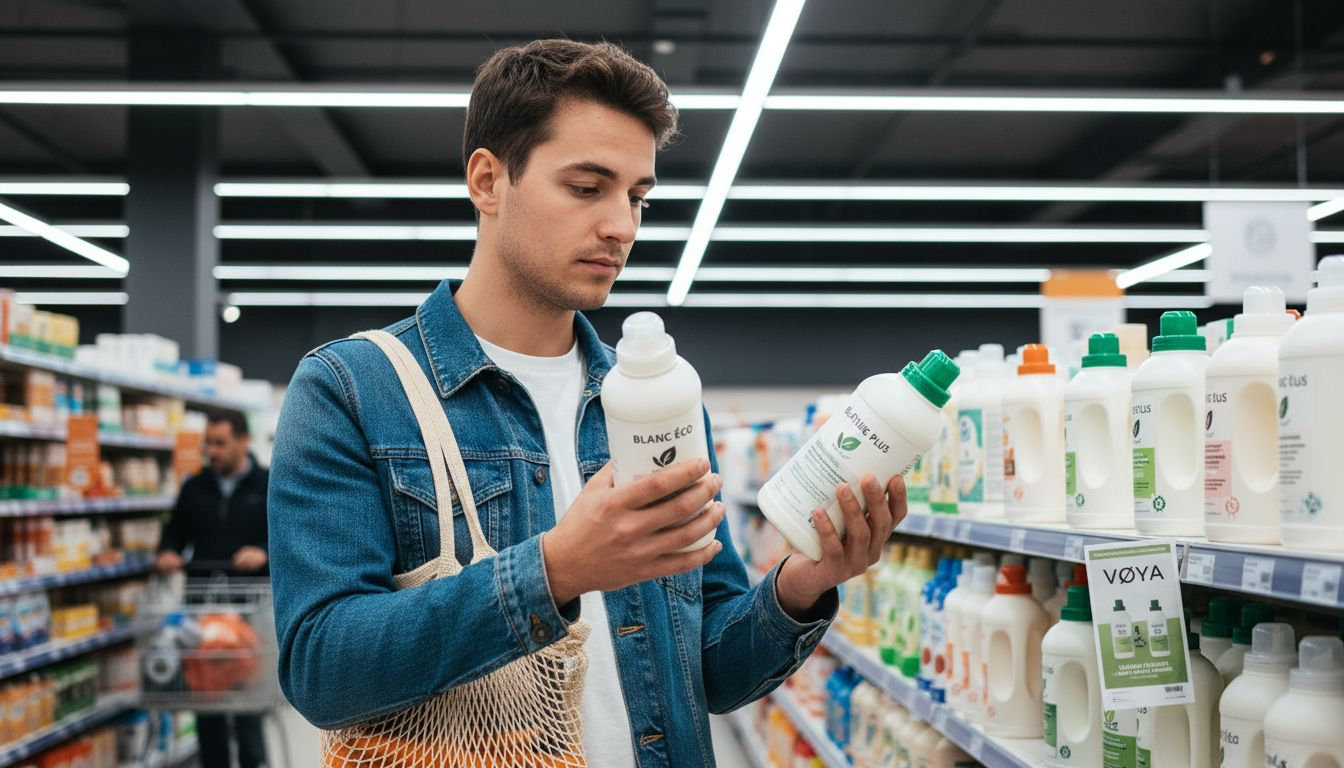 Un homme examine les différents détergents écologiques proposés en rayon pour trouver celui qui répond le mieux à ses attentes.