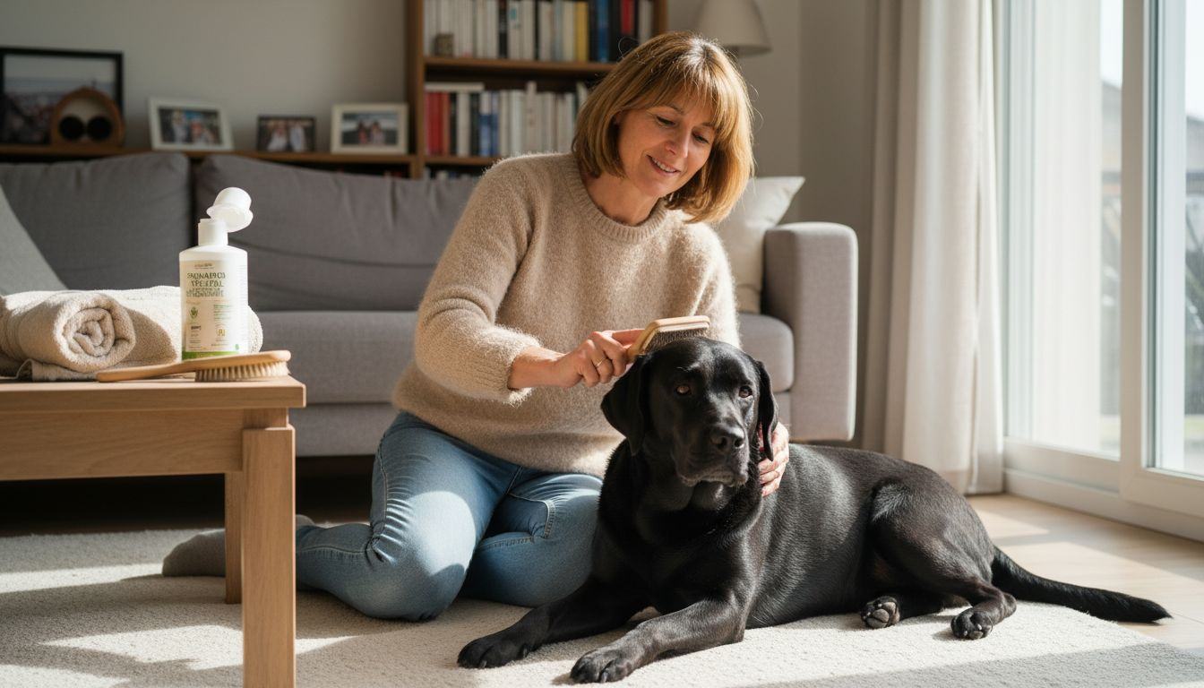 Une femme prend soin de son chien en le brossant avec des produits naturels et respectueux de l’environnement.