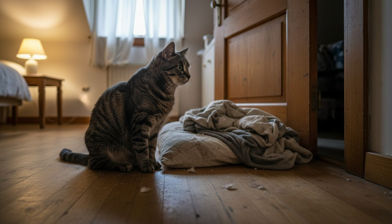 Un chat attentif scrute la porte d’une chambre sous les toits.