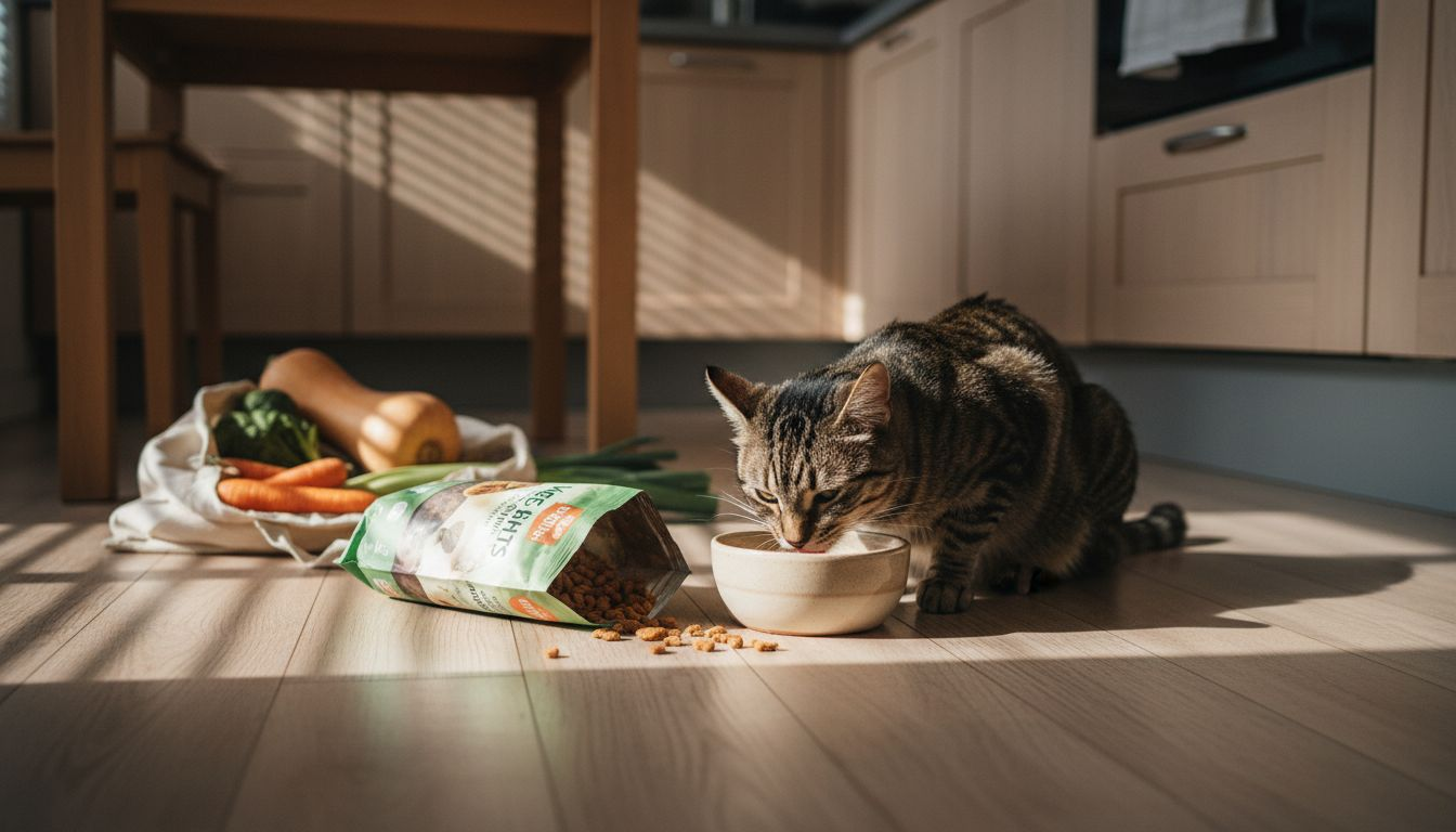 Un chat savoure des croquettes végétales respectueuses de l’environnement.