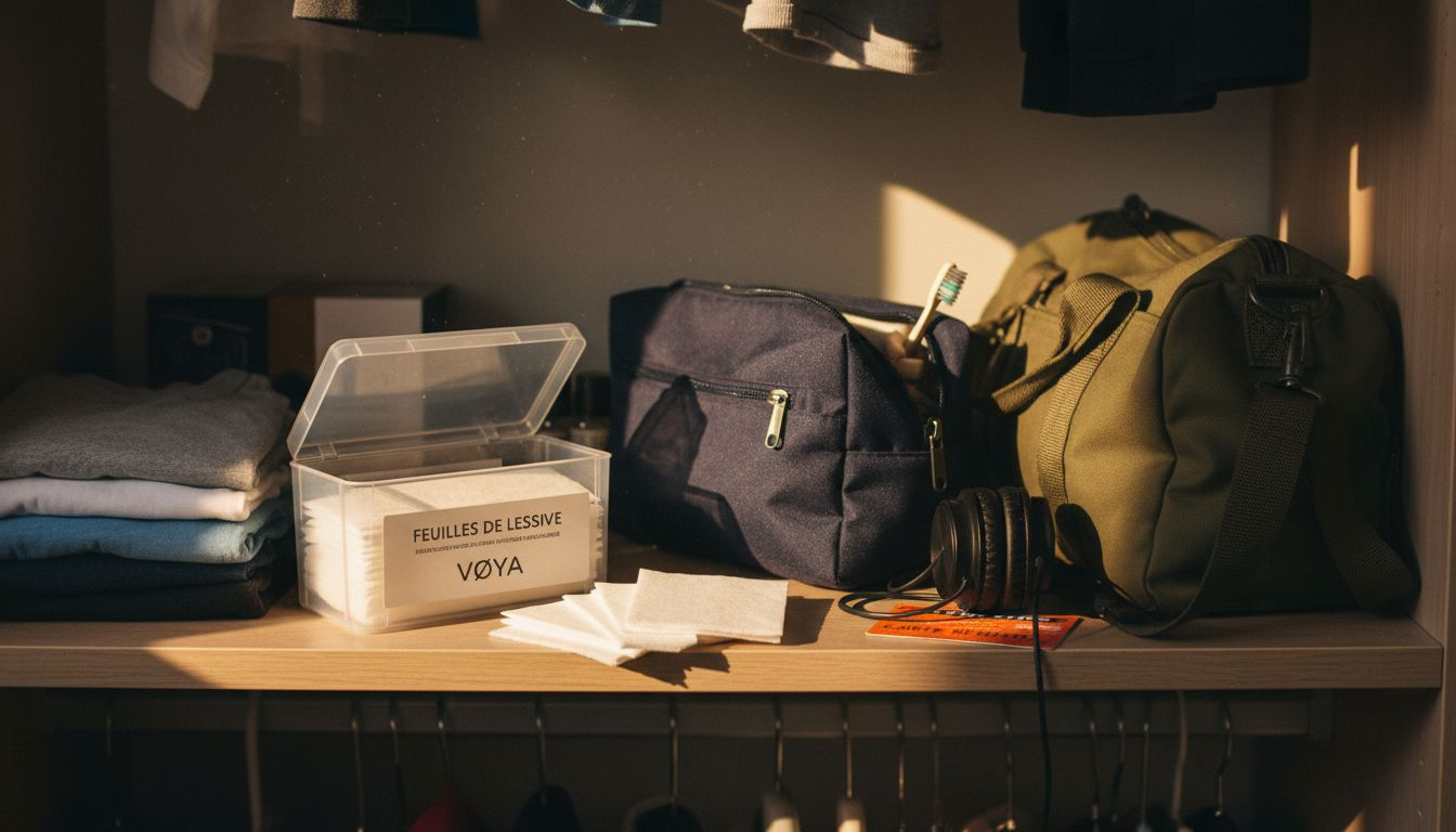 Boîte de feuilles de lessive posée sur l’étagère étroite de mon petit appartement