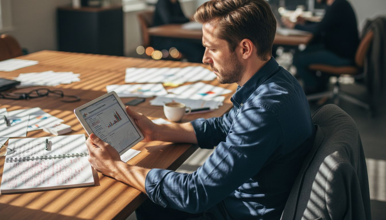 Installé à son bureau encombré, le responsable analyse les rapports publicitaires.