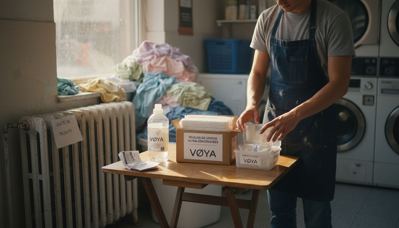 Un employé en train de comparer des feuilles, du liquide et des capsules de lessive.