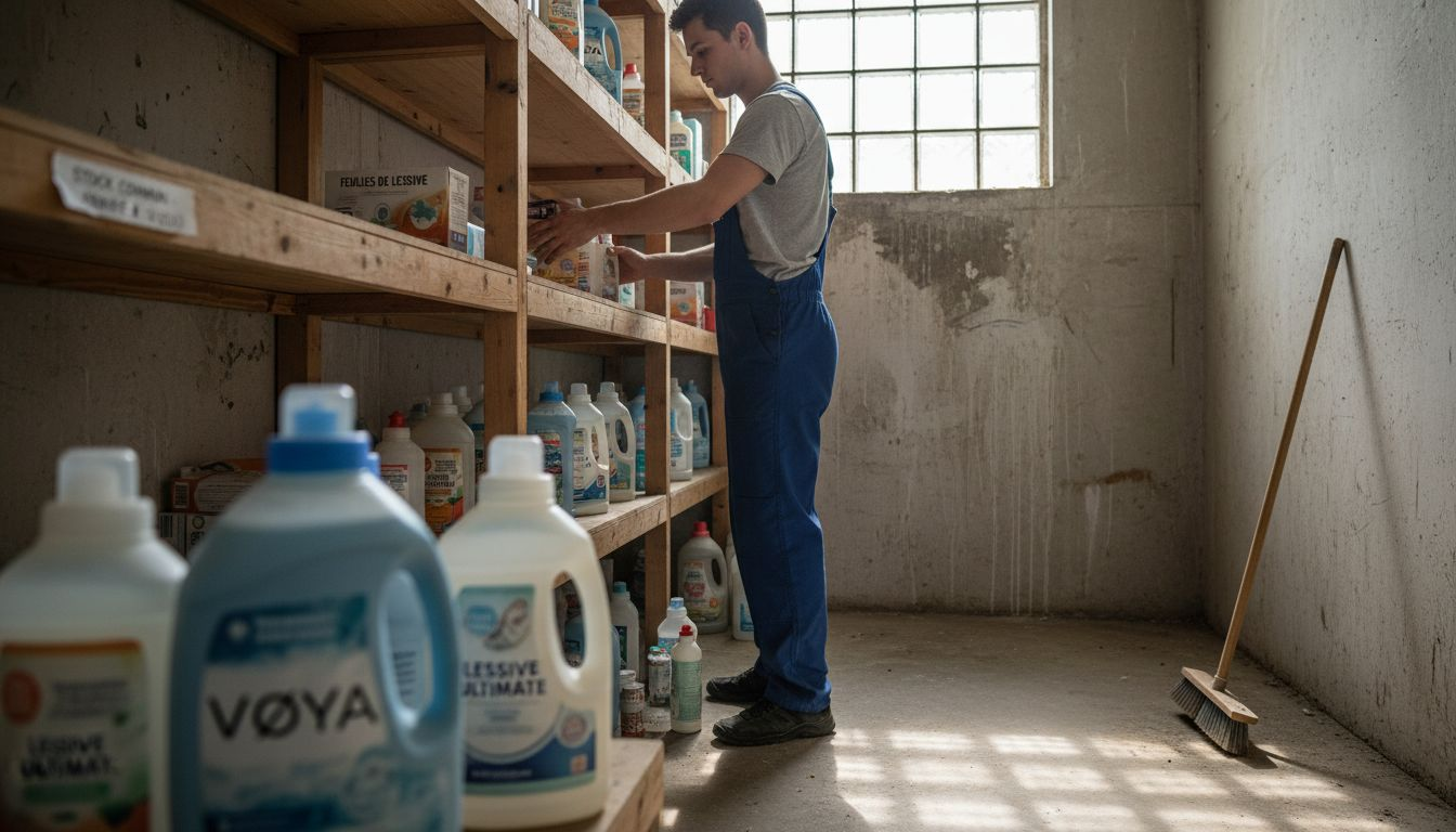 Un employé range une boîte compacte de feuilles de lessive.