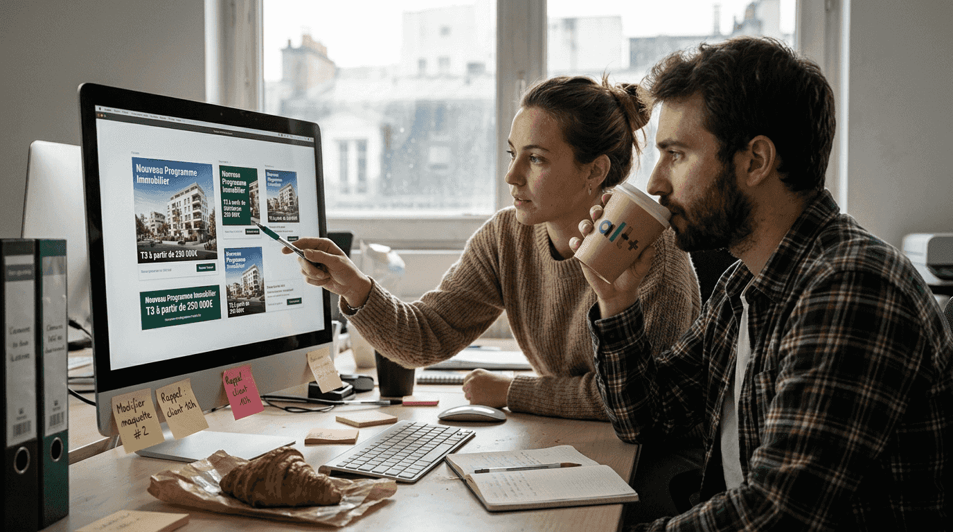 Des responsables marketing analysent les maquettes de publicités display pour l’immobilier.