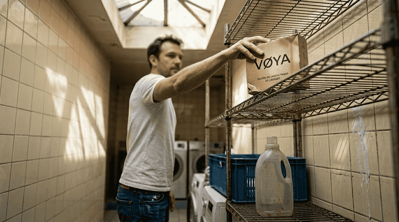 Un homme range une boîte de feuilles de lessive écologiques et véganes.