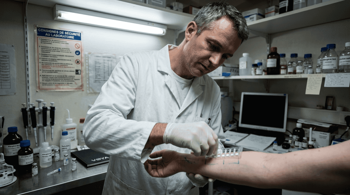 Un technicien réalise un test cutané dans un petit laboratoire.