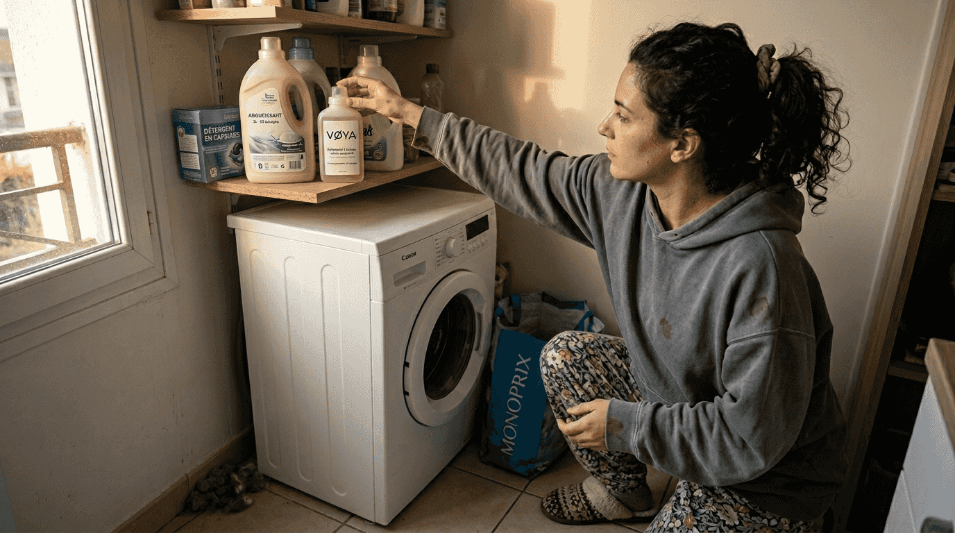 Une femme tente d’attraper une petite bouteille de lessive dans un coin étroit.