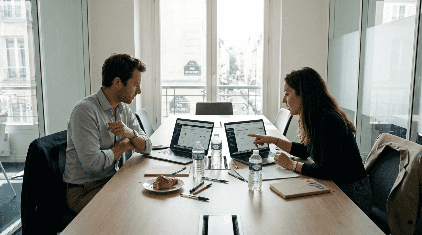 Des collègues analysent ensemble les résultats sur le tableau de bord de la campagne digitale.