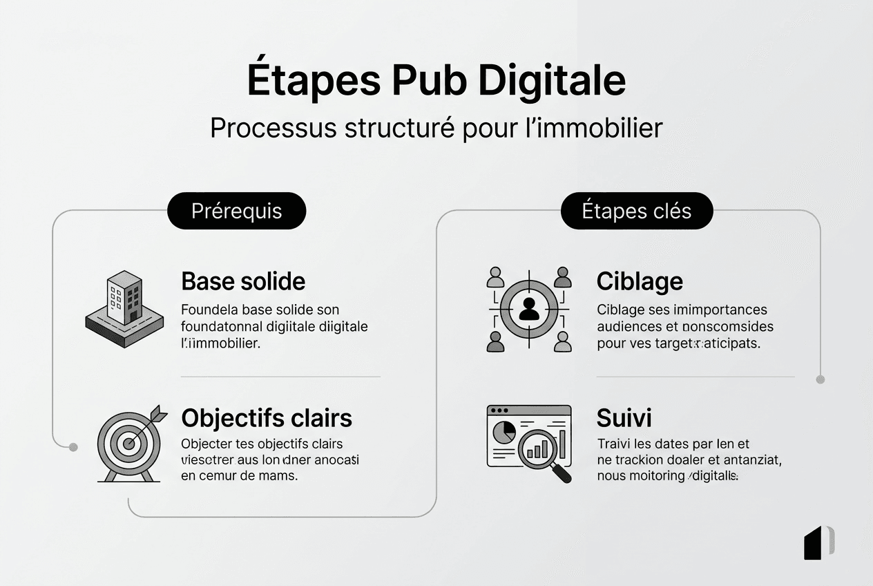 Les grandes étapes d’une campagne de communication immobilière en ligne, illustrées en infographie