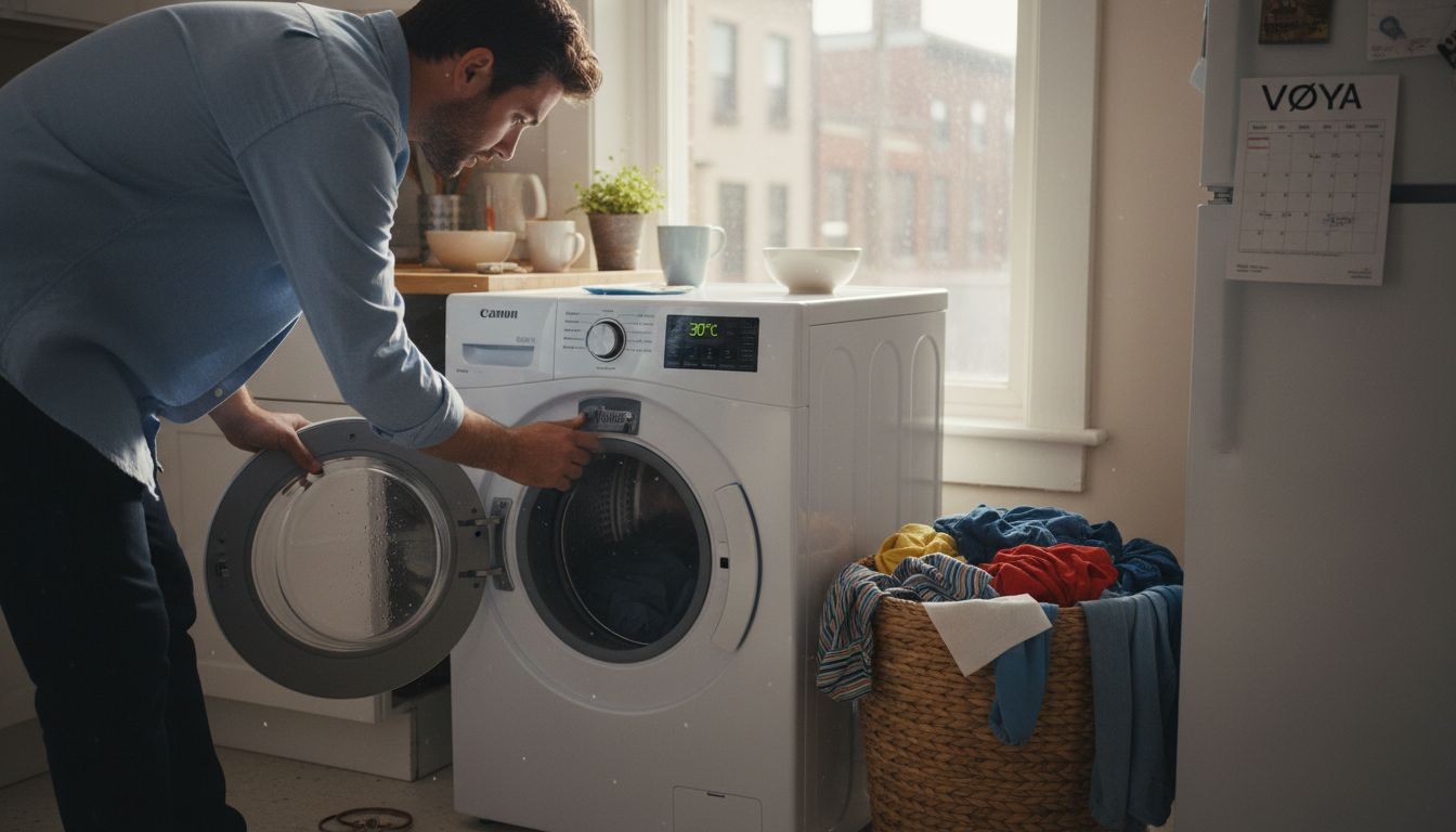 Un homme programme sa machine à laver pour un lavage en profondeur et hygiénique.