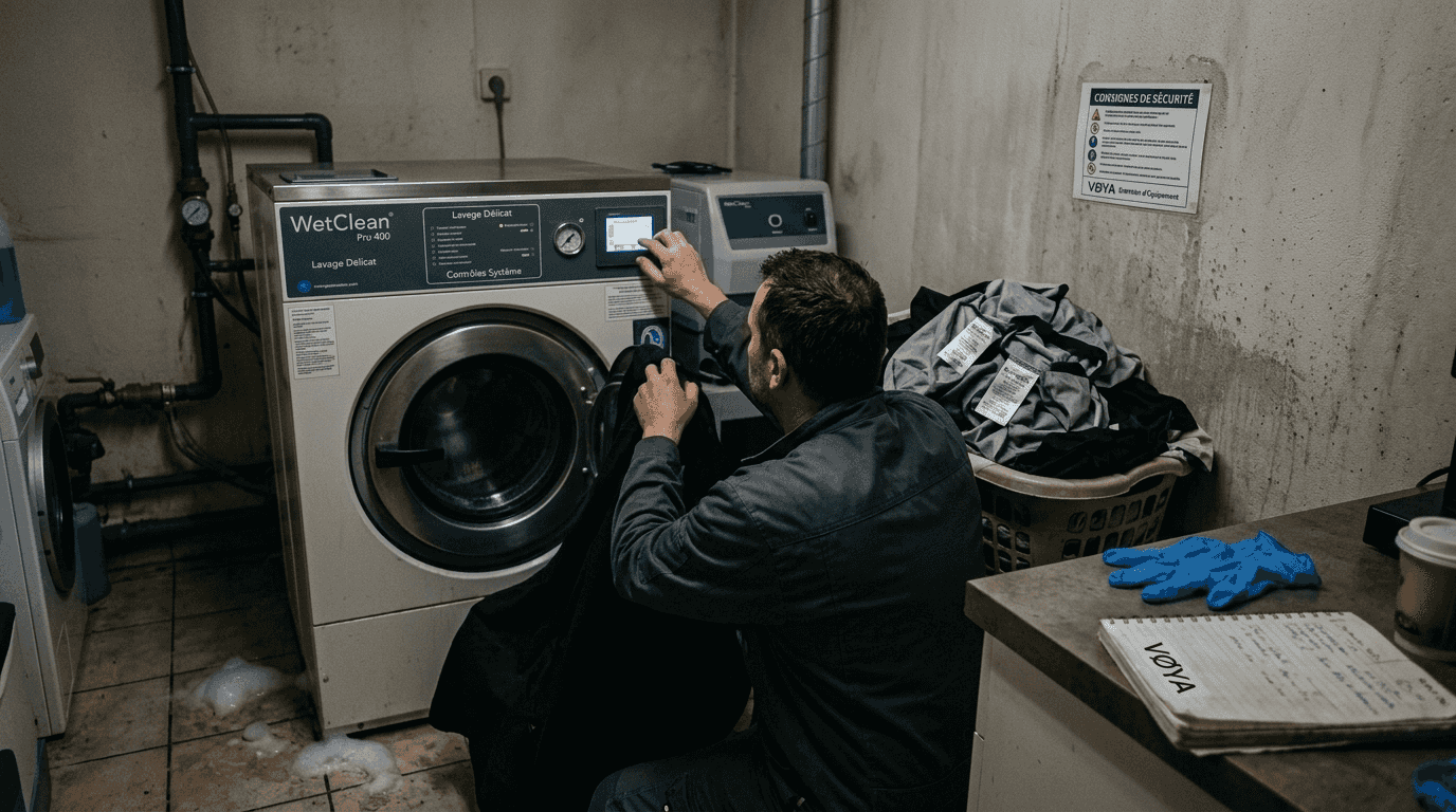 Un technicien en pleine utilisation d'une machine wetClean dans la blanchisserie.