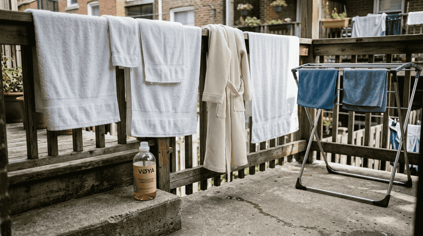 Les serviettes du spa et le peignoir sont étendus sur le balcon pour sécher à l’air libre.