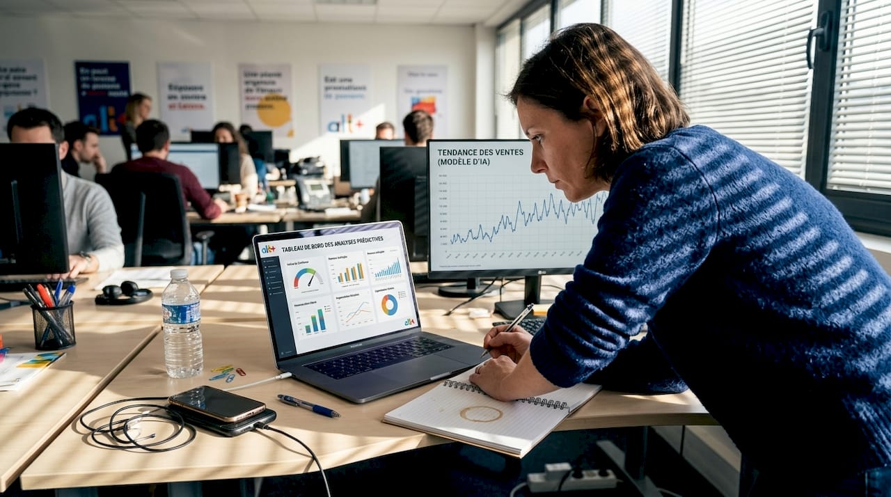 Une femme analyse le tableau de bord dédié à l’optimisation de ses campagnes publicitaires.