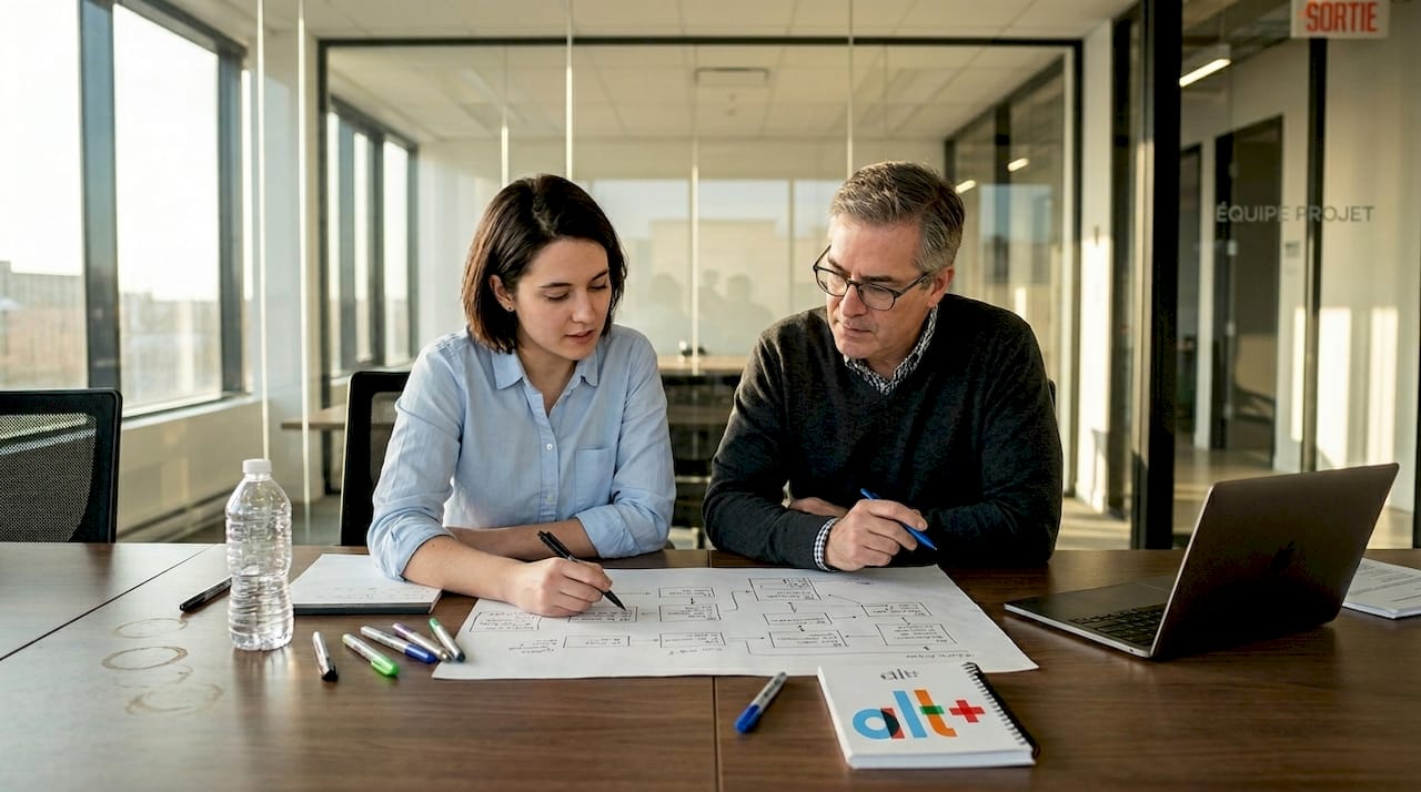 Des collègues collaborent pour structurer le processus de création publicitaire.