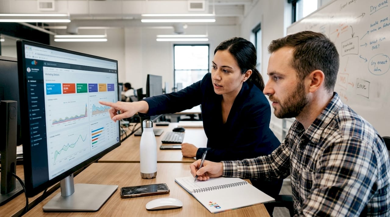 Des membres de l’équipe analysent des données affichées à l’écran tout en prenant des notes dans un carnet.