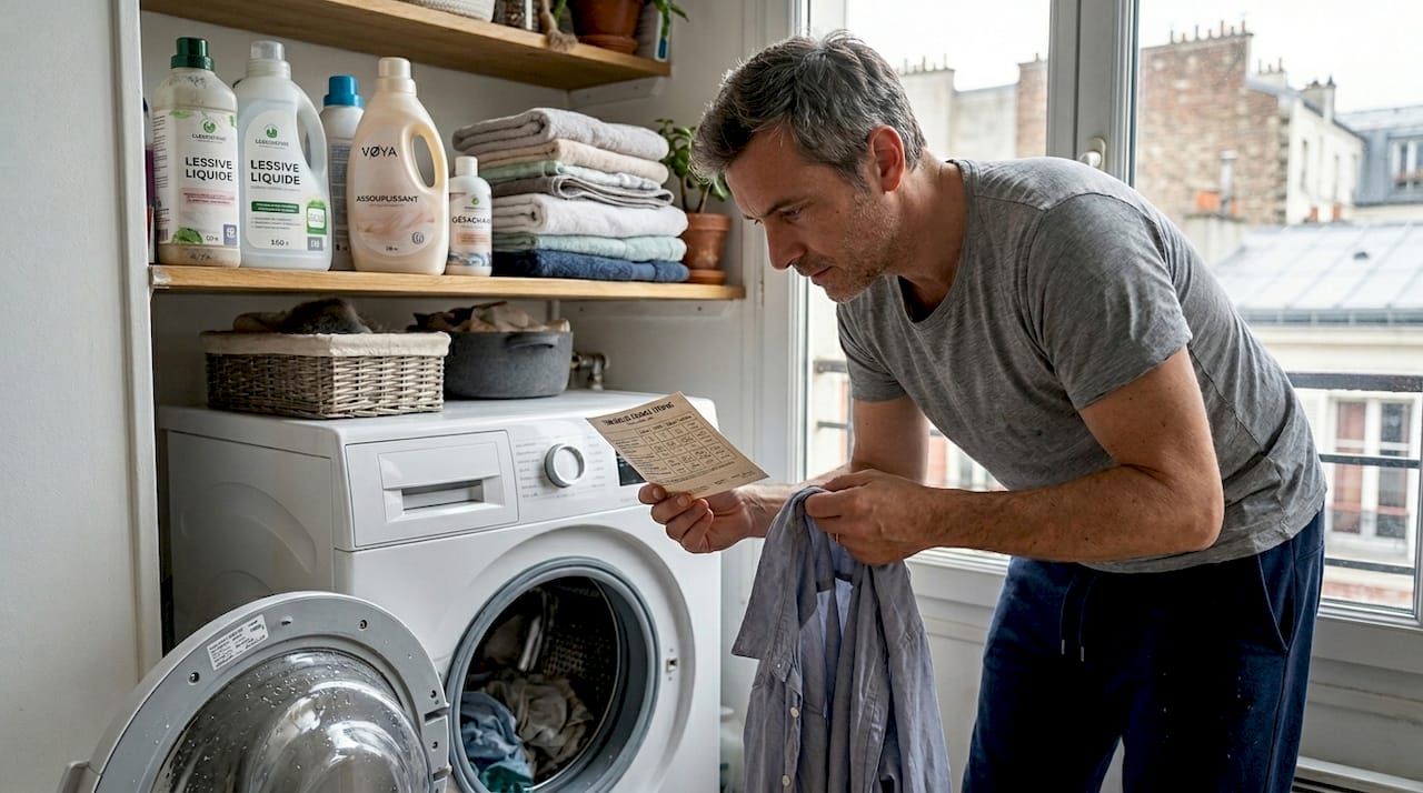 Un homme inspecte son linge fraîchement lavé pour vérifier s’il est bien propre.