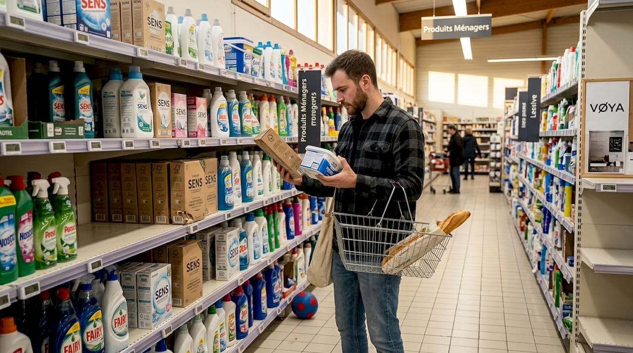 Un consommateur examine les emballages de lessive en plastique et ceux certifiés FSC pour comparer leur impact et leur praticité.