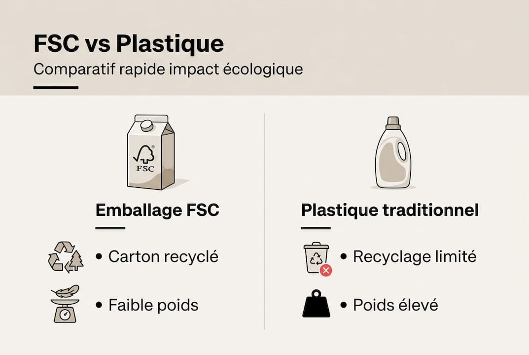 Infographie mettant en parallèle les emballages de lessive en carton certifié FSC et ceux en plastique