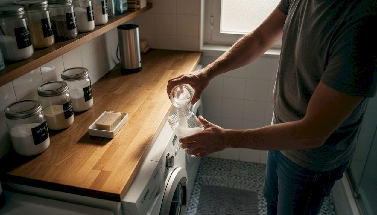 Un homme opte pour une démarche éco-responsable en utilisant un bidon rechargeable pour sa lessive.