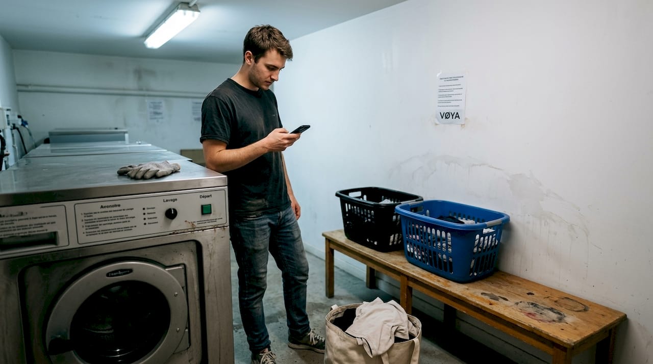 Un homme consulte le planning des machines à laver dans la buanderie commune.