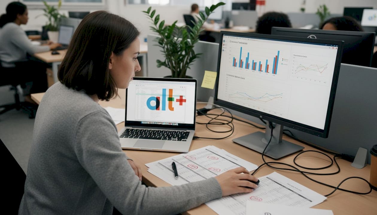 Audio digital : guide complet pour marketers belges 2026 - Alt+ media Une femme évalue l’impact de l’audio digital depuis son poste de travail.