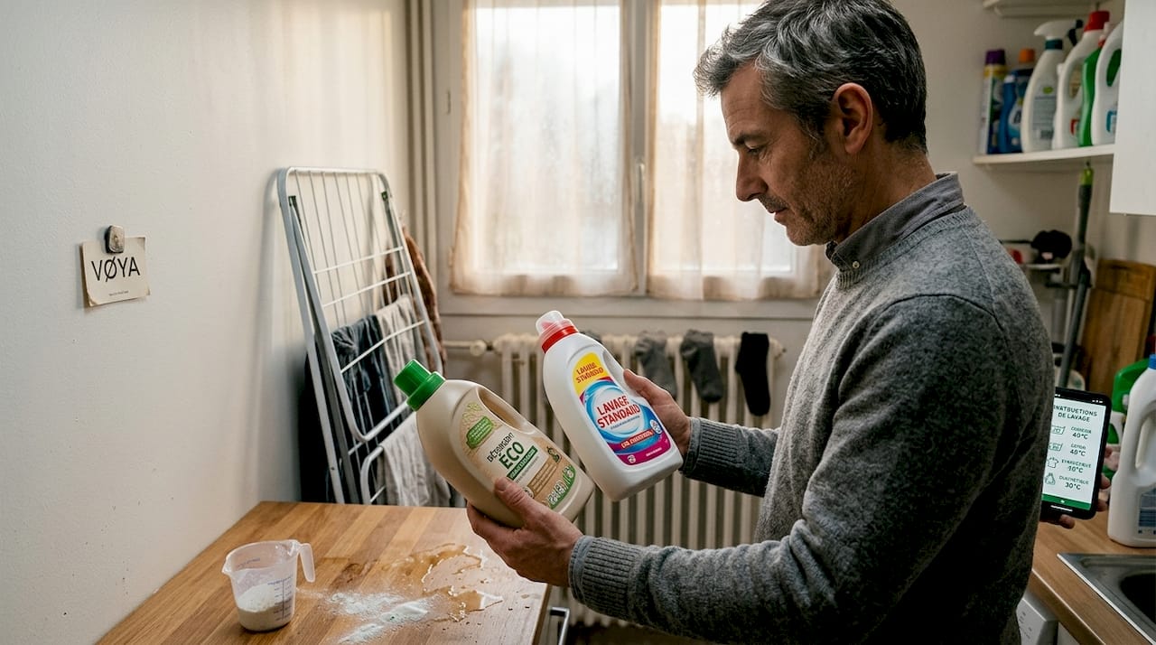 Un homme en train de comparer une lessive traditionnelle à une lessive écologique