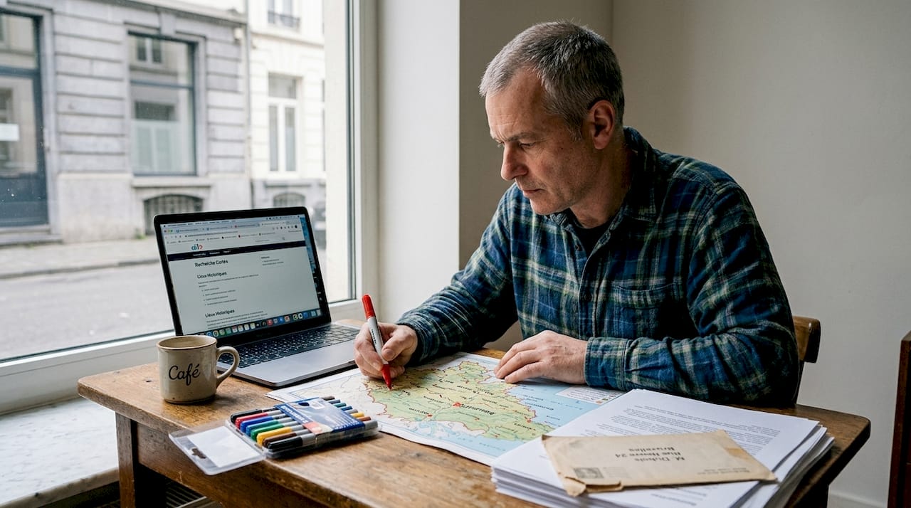 Exemples de segments d'audience publicitaire : guide complet - Alt+ media Un homme indique différents secteurs géographiques sur une carte de la Belgique.