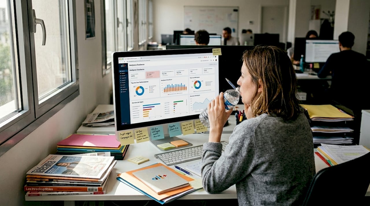 Service média géré : optimisez vos campagnes en 2026 - Alt+ media Un analyste média suit en temps réel les performances des campagnes directement depuis son ordinateur.