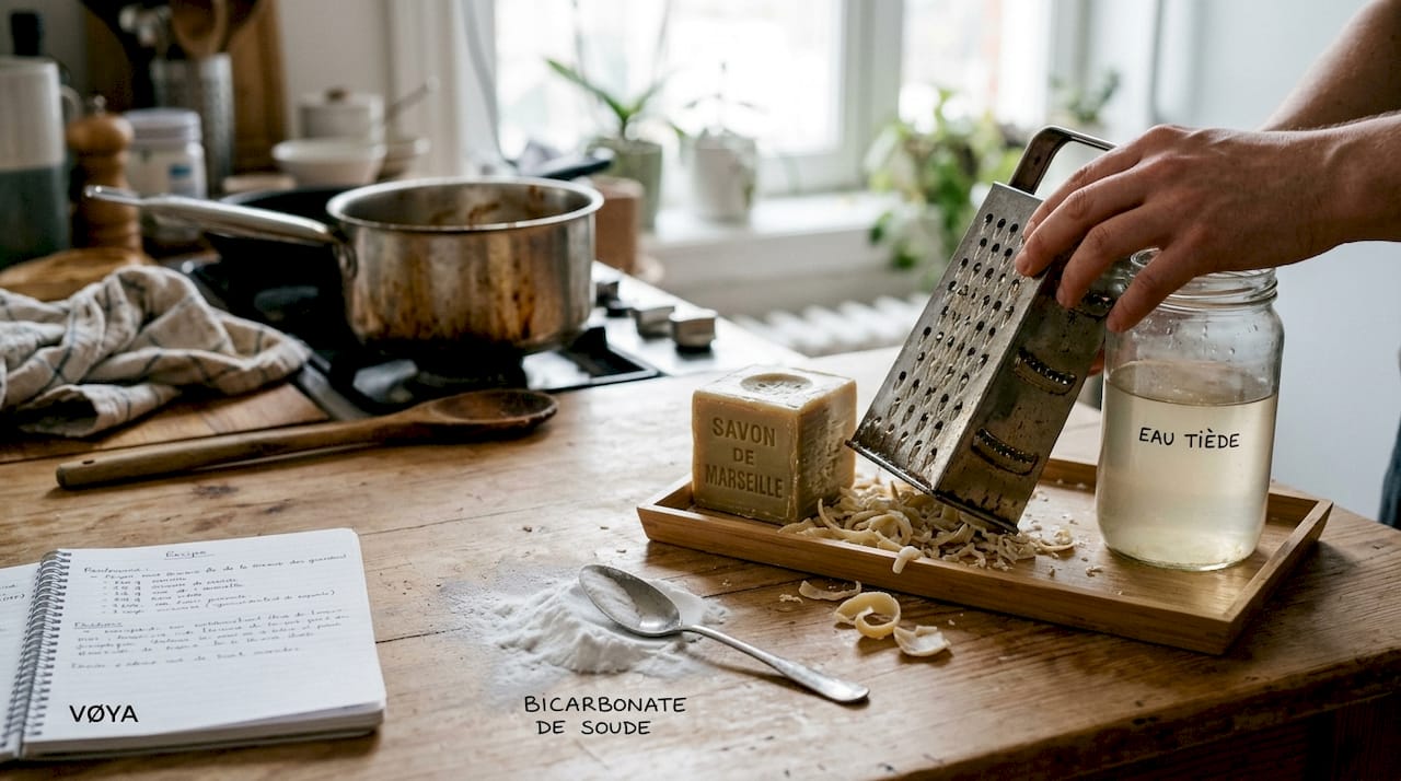 Les ingrédients nécessaires pour préparer une lessive maison sont disposés sur la table.