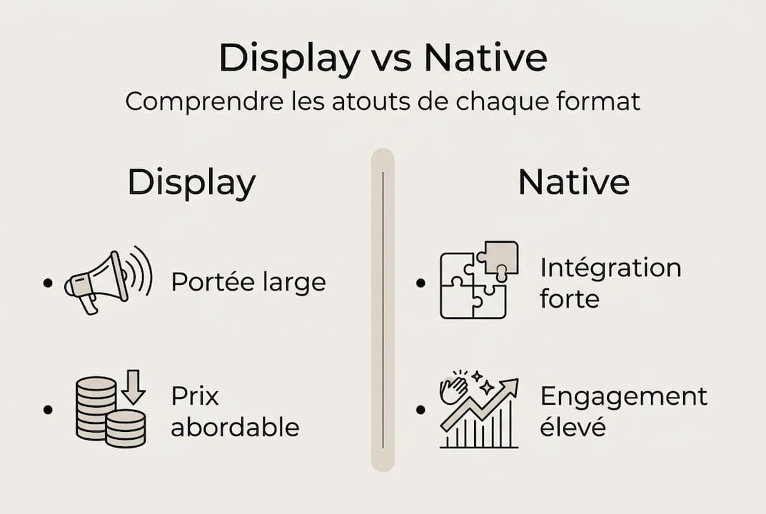 Display vs native advertising : optimisez vos campagnes - Alt+ media Comparatif visuel entre publicité display et publicité native