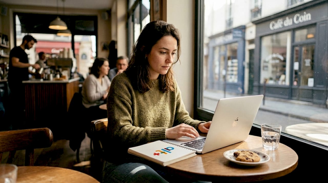 Display vs native advertising : optimisez vos campagnes - Alt+ media Une femme relit et corrige un article sponsorisé installée à la terrasse d’un café.