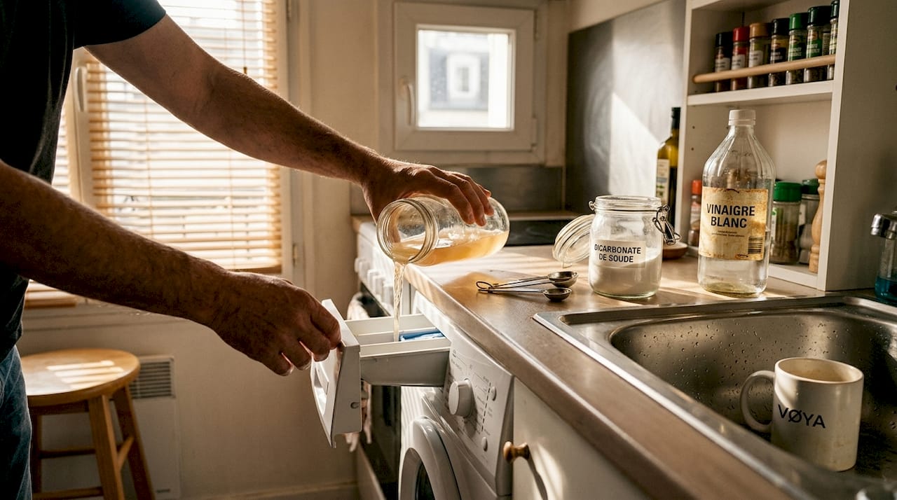 On verse sa lessive faite maison directement dans le bac de la machine à laver.
