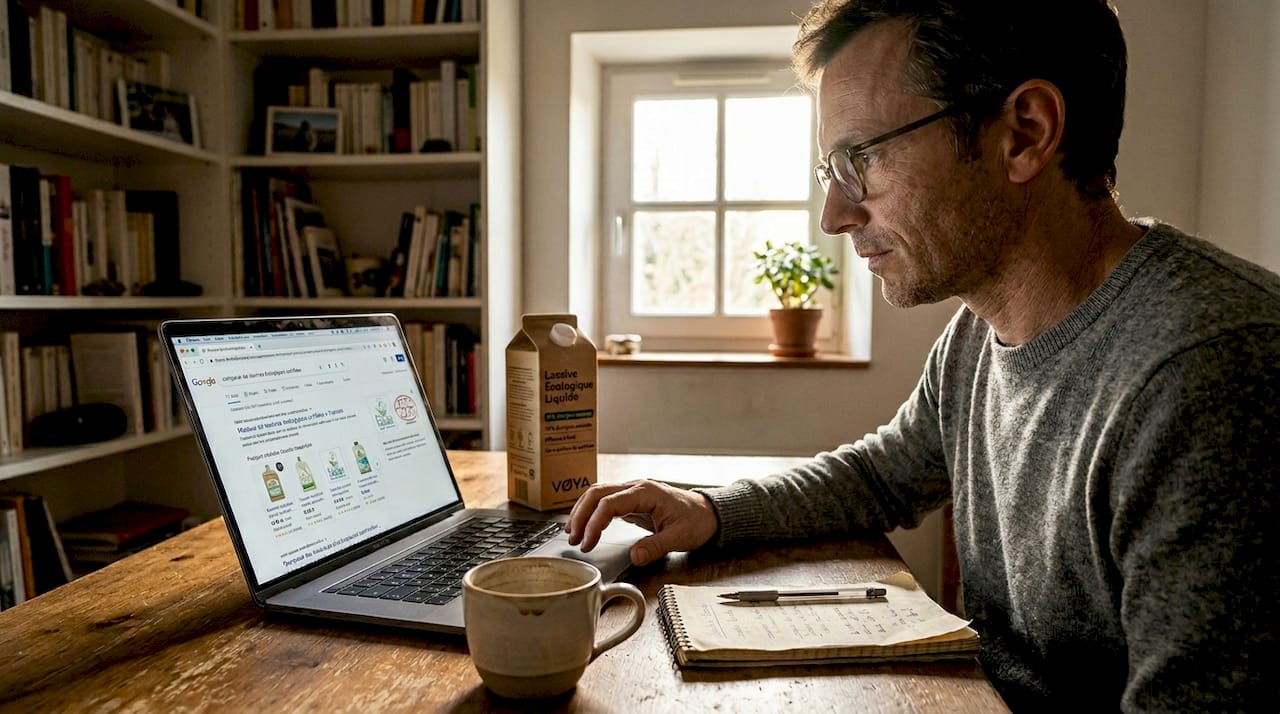 Un homme consulte des sites internet pour trouver une laverie écologique certifiée.
