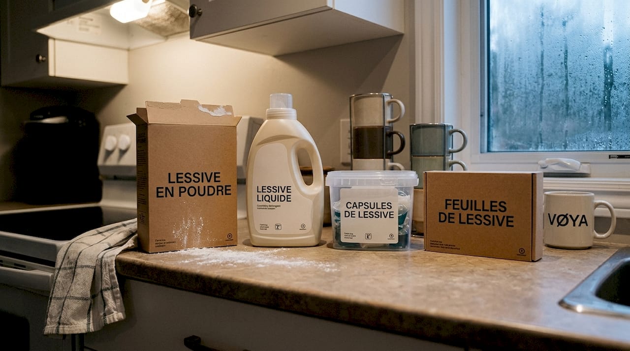 Présentation des différentes formes de lessive disposées sur le plan de travail