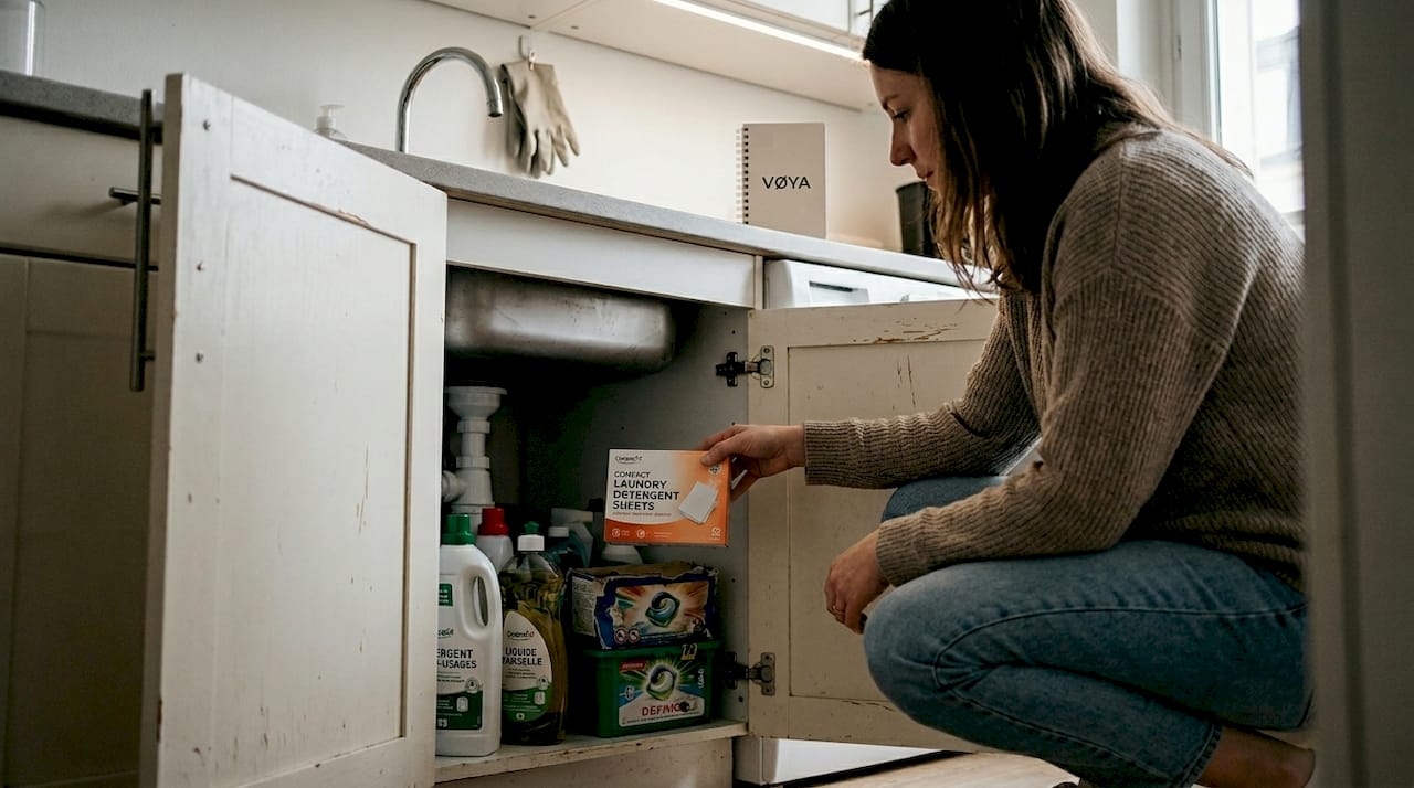 Une femme glisse une boîte de lessive compacte dans le placard sous l’évier de sa petite cuisine citadine.
