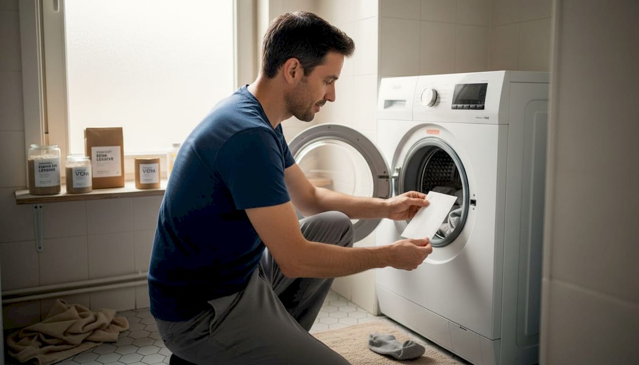 Un homme glisse une feuille de lessive dans le tambour de la machine à laver.