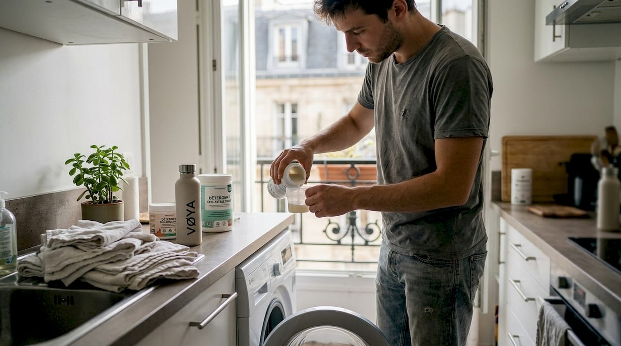 Un homme mesure soigneusement la dose de son détergent écologique nouvelle génération.
