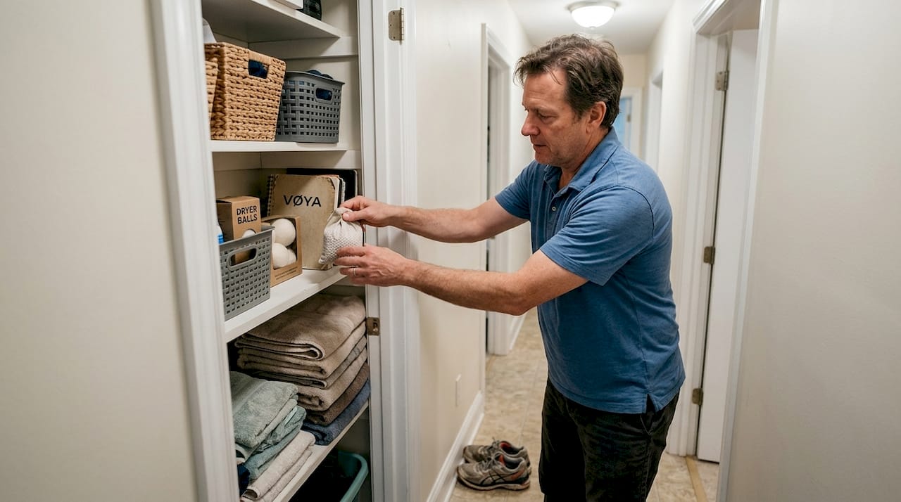 Un homme range un paquet de lessive dans le placard du couloir.