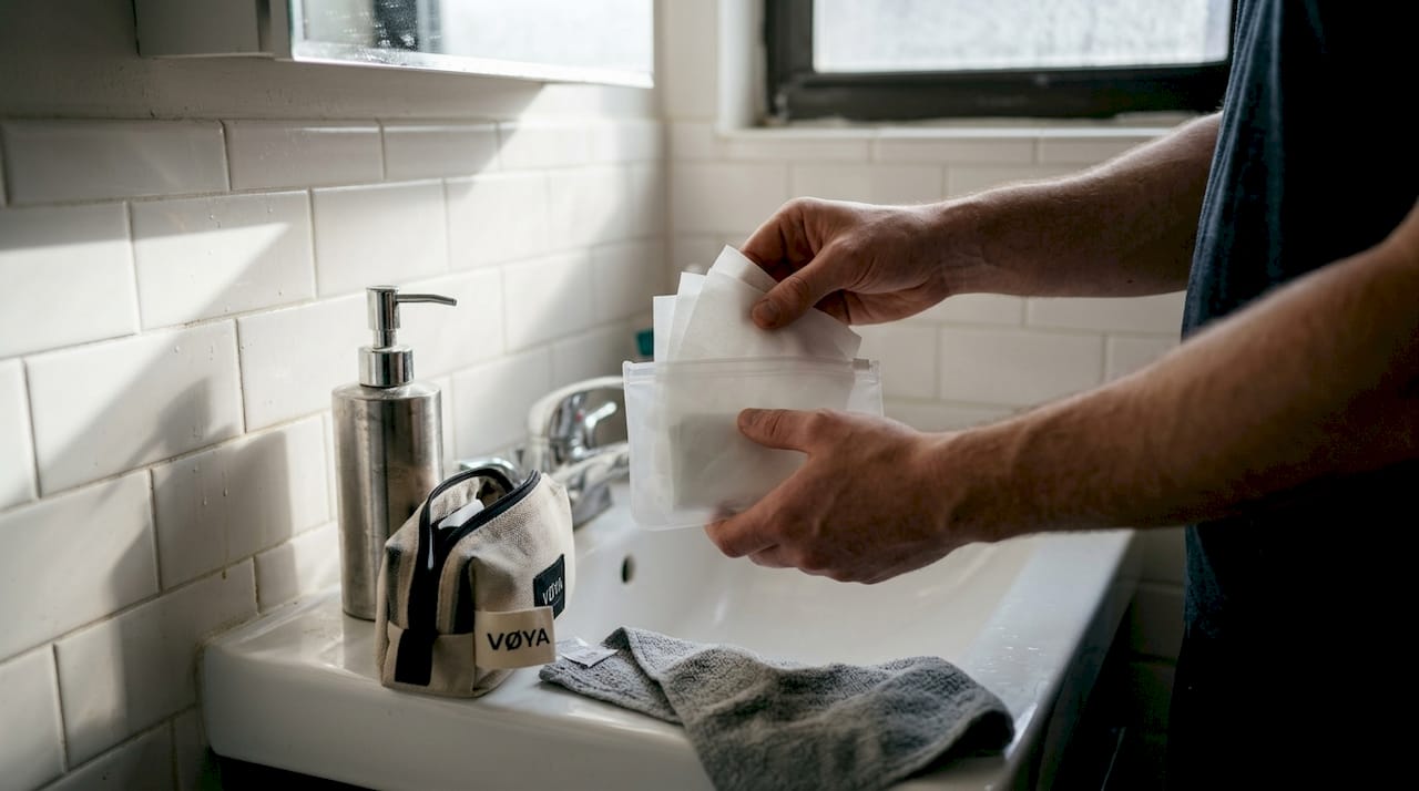 Des mains sortent des feuilles de lessive d'une petite pochette.