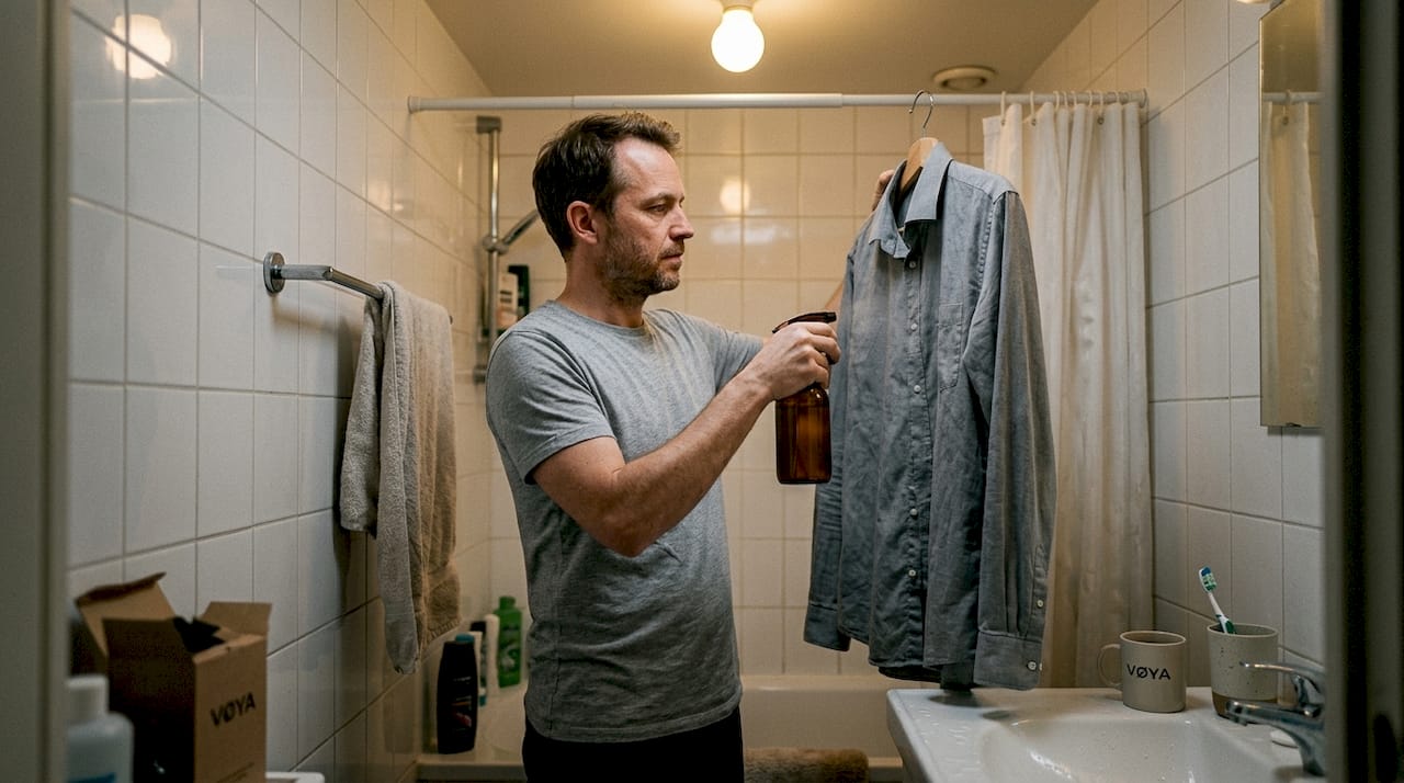 Un homme applique son spray défroissant fait maison sur ses vêtements pour éliminer les plis.