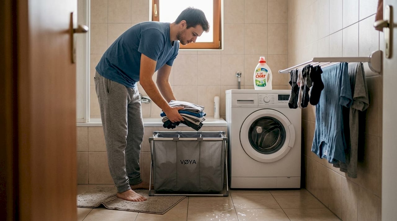 Un homme trie son linge à l’aide d’un panier à linge pliable, pratique pour organiser la lessive et gagner de la place.