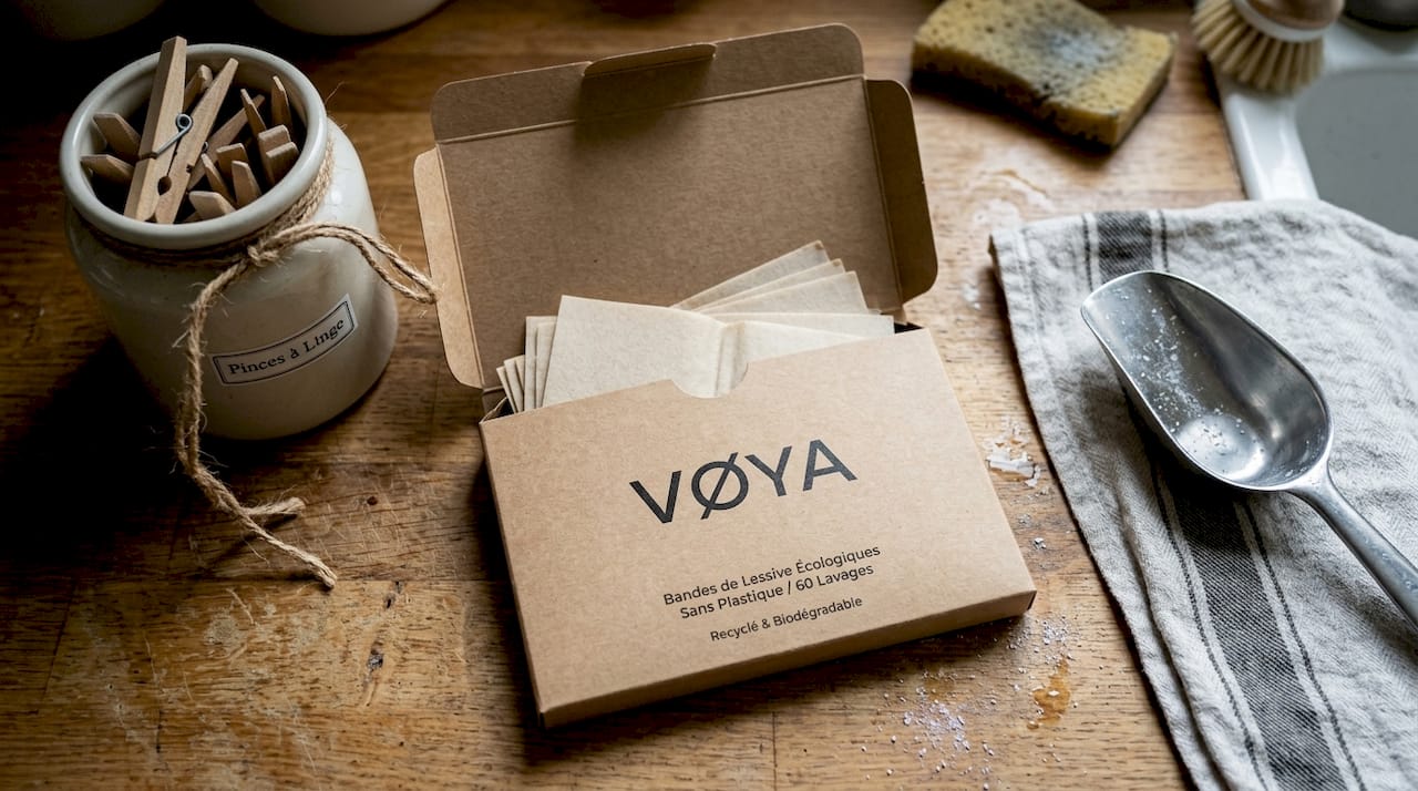 Boîte en papier kraft ouverte contenant des bandes de lessive