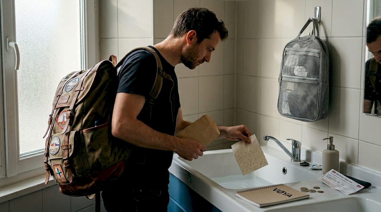 Un voyageur fait sa lessive dans le lavabo avec des feuilles de lessive compactes.