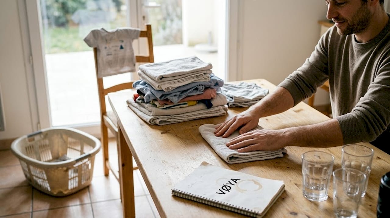 Sur la table, des mains s'affairent à plier des serviettes toutes propres.