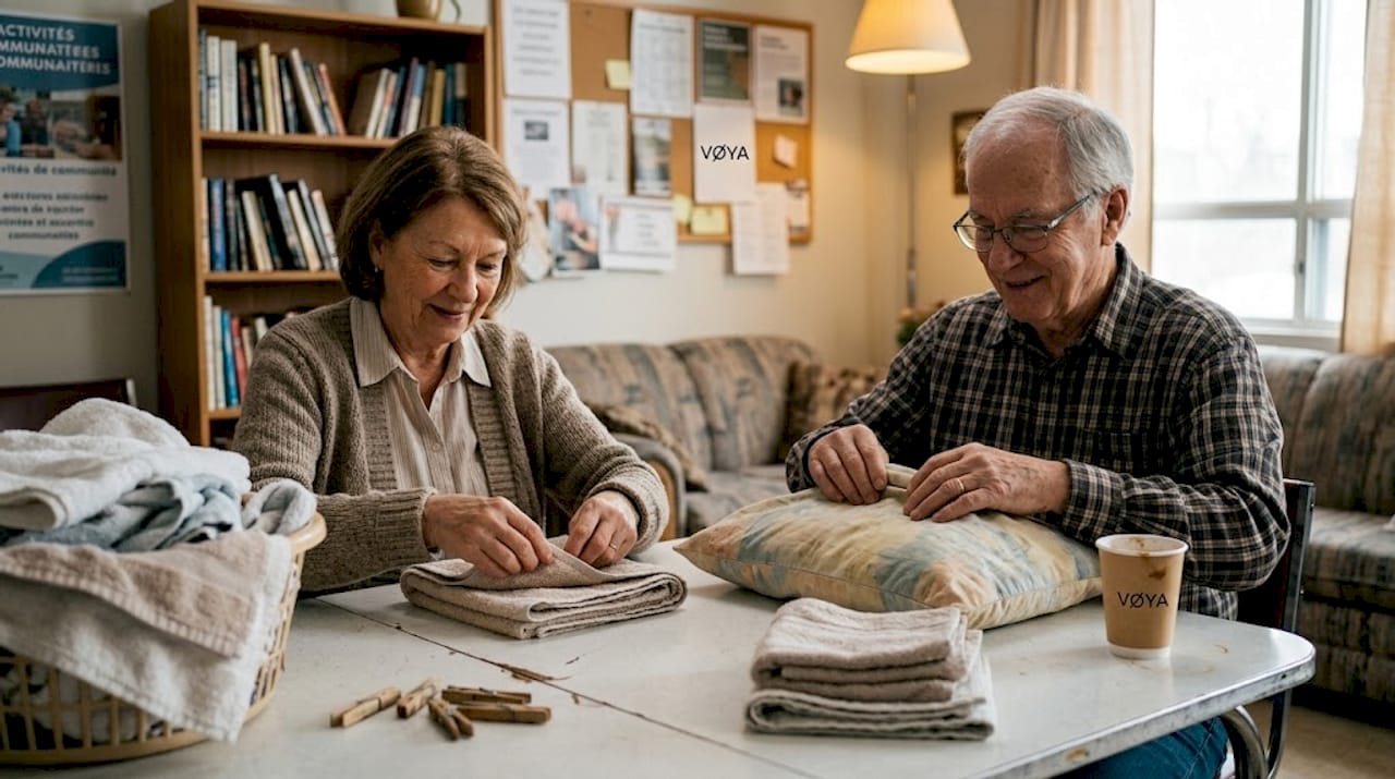 Des résidents qui plient ensemble du linge fraîchement lavé