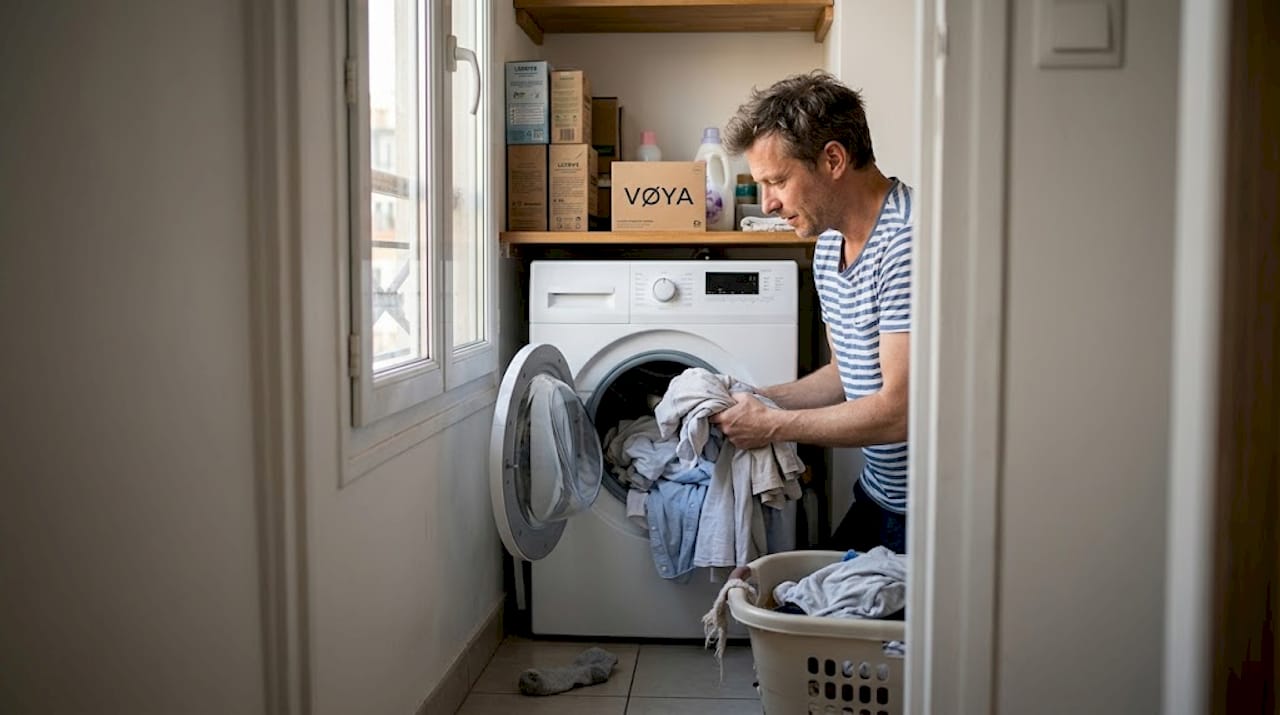 Un homme met son linge en machine avec une lessive écologique à base de plantes.