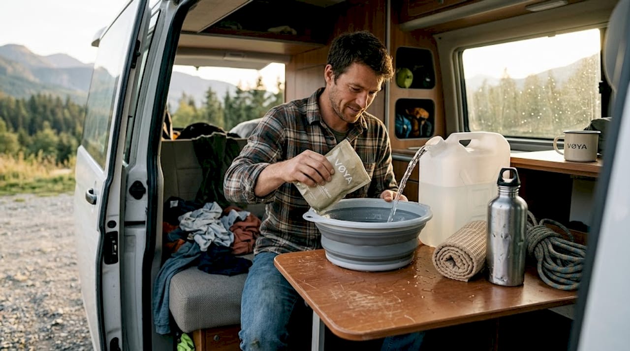 Dans son van aménagé, un homme prépare une lessive simple et efficace, en misant sur le minimalisme.